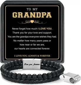 LUXEJEW Fathers Day Gifts for Men - Beaded Leather Bracelets for Men Dad Husband Son Grandpa Boyfriend Grandson Brother Nephew Uncle 6mm Matte Agate Stone Stainless Steel Magnetic Clasp