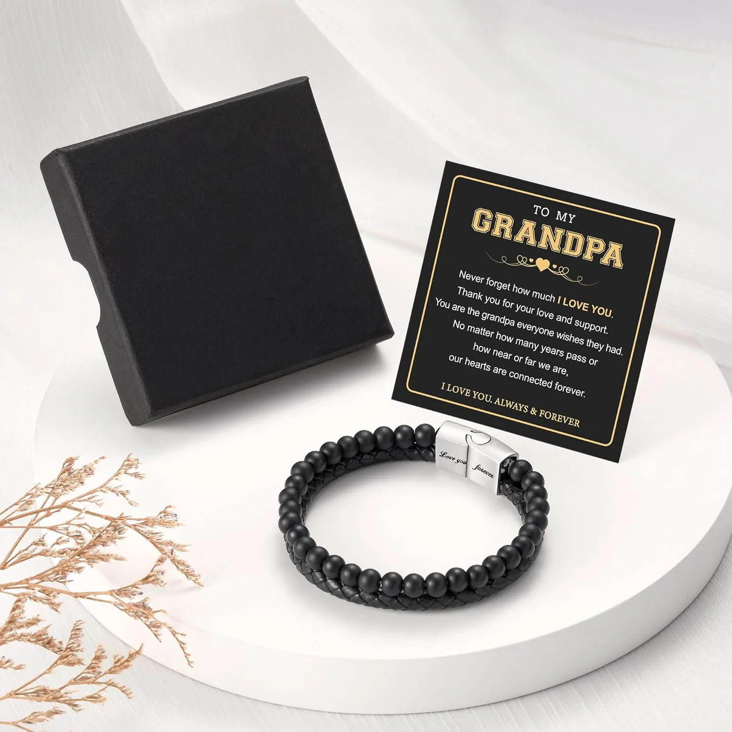 LUXEJEW Fathers Day Gifts for Men - Beaded Leather Bracelets for Men Dad Husband Son Grandpa Boyfriend Grandson Brother Nephew Uncle 6mm Matte Agate Stone Stainless Steel Magnetic Clasp