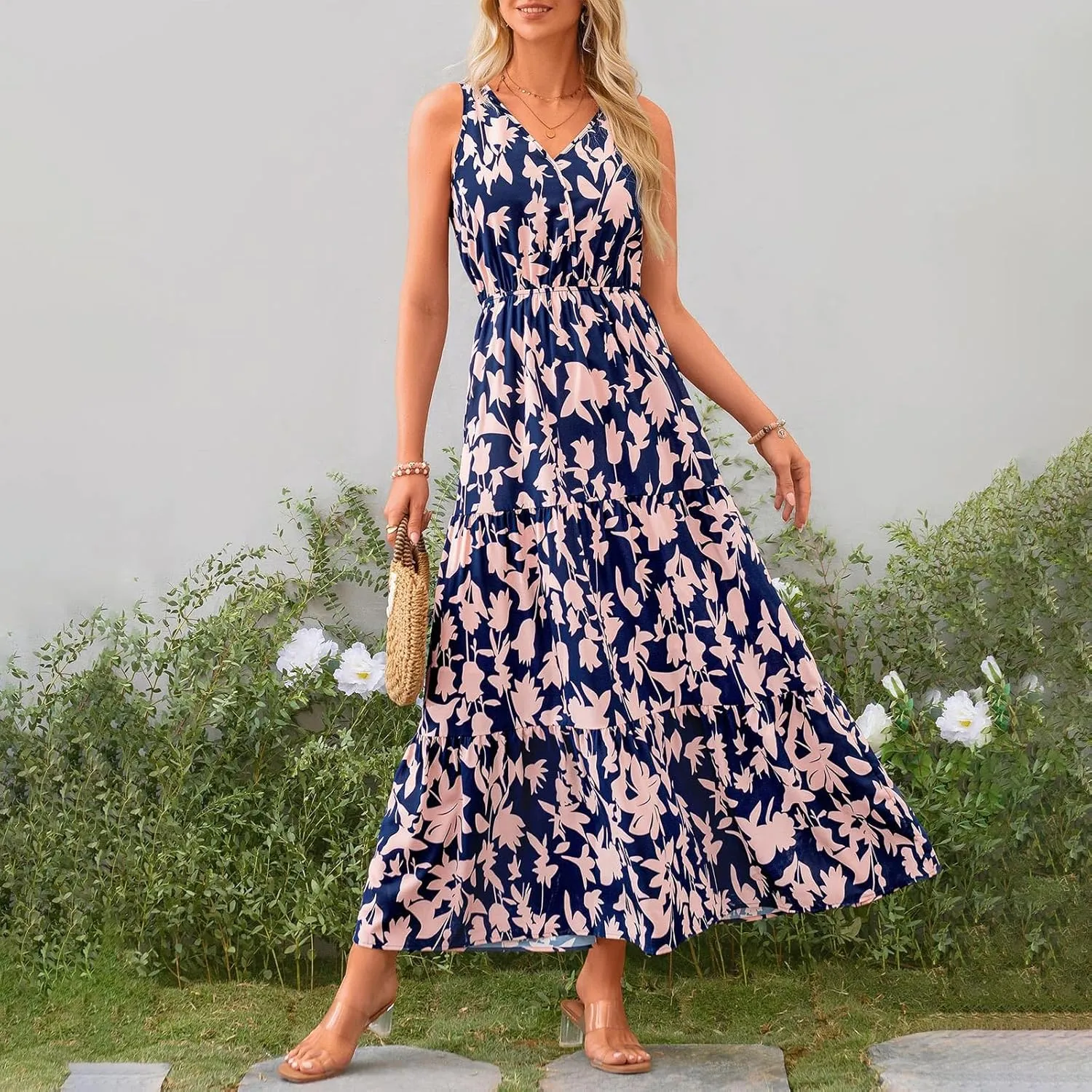 Maxi Dress for Women 2025 Summer Dresses Casual Sleeveless Beach Dresses Vacation Ruffle Wrap V Neck Party Dress