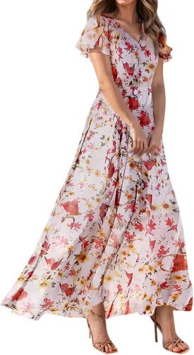 Maxi Dresses for Women Summer Highwaisted Prom Dress Floral Chiffon Flutter Sleeve Boho Dress Vneck Tea Party Dresses