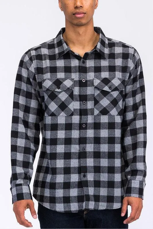 Mens Casual Regular Fit Checker Plaid Flannel Long Sleeve