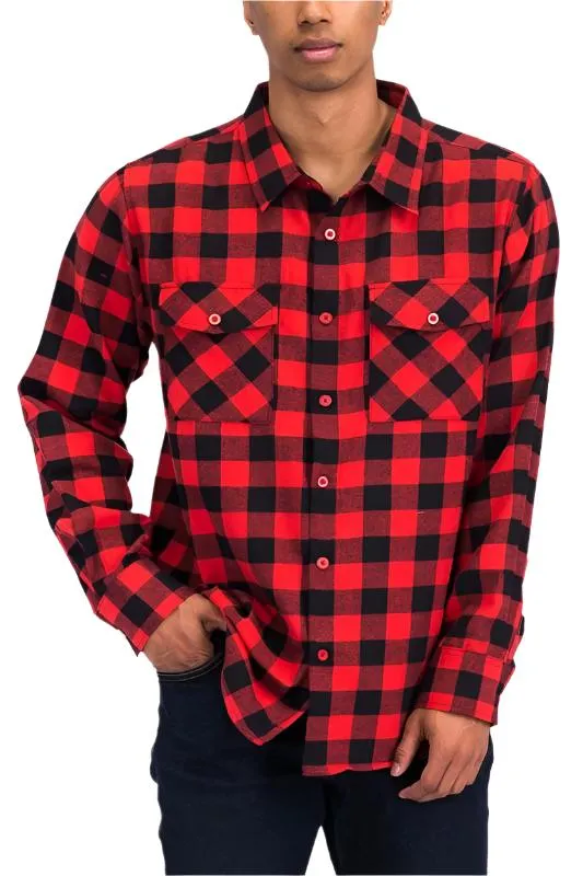 Mens Casual Regular Fit Checker Plaid Flannel Long Sleeve