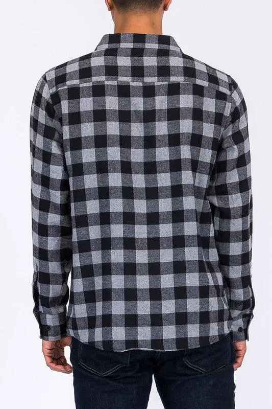 Mens Casual Regular Fit Checker Plaid Flannel Long Sleeve