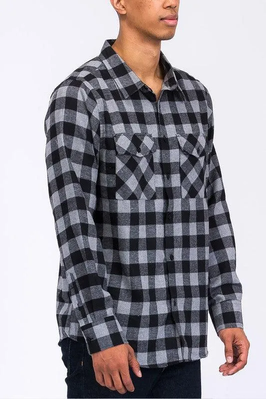 Mens Casual Regular Fit Checker Plaid Flannel Long Sleeve