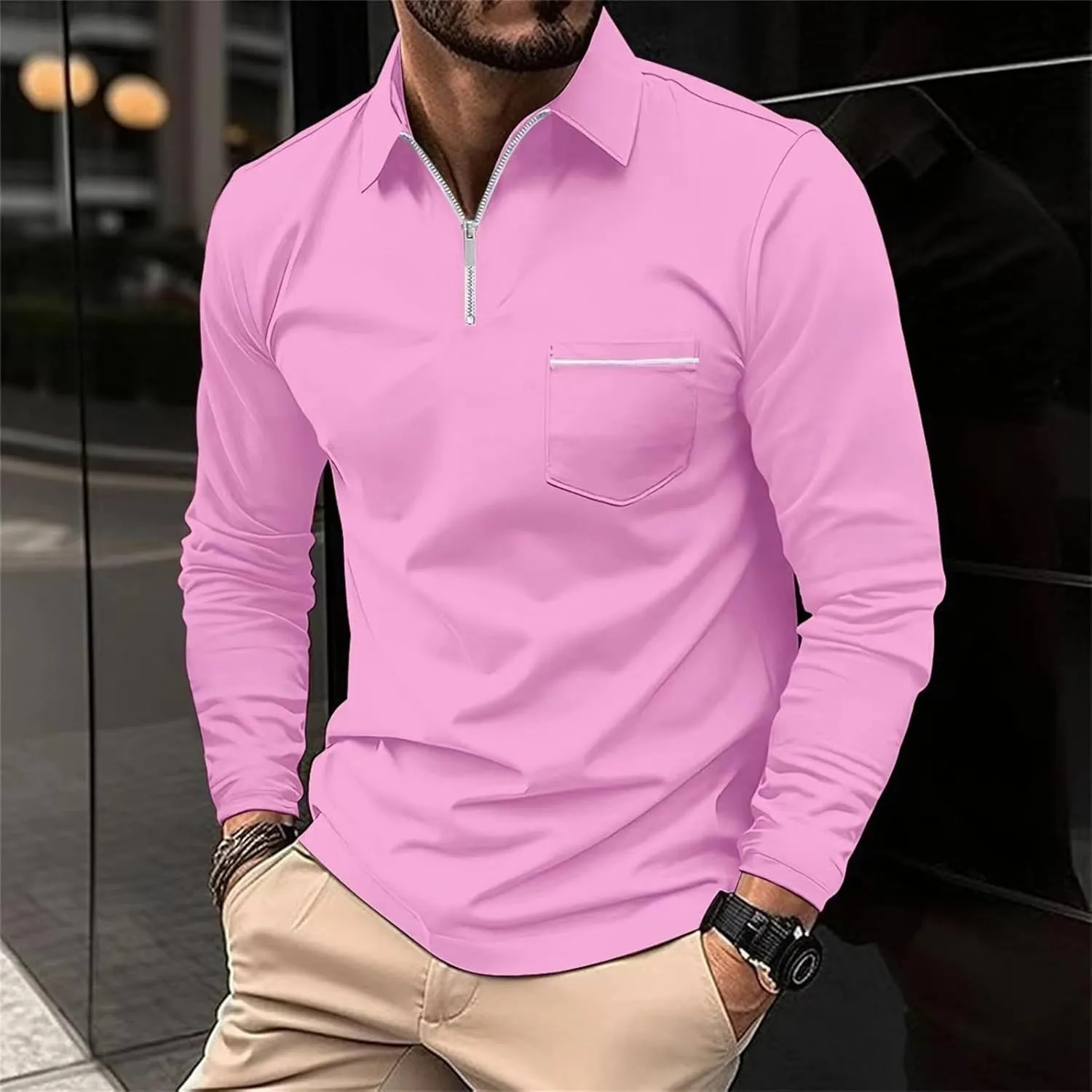 Mens Long Sleeve Polo Shirts Zipper Collar Casual Slim Fit Dressy Shirt Classic Work Golf Shirt Lightweight Tees
