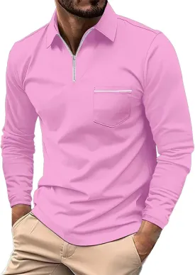 Mens Long Sleeve Polo Shirts Zipper Collar Casual Slim Fit Dressy Shirt Classic Work Golf Shirt Lightweight Tees