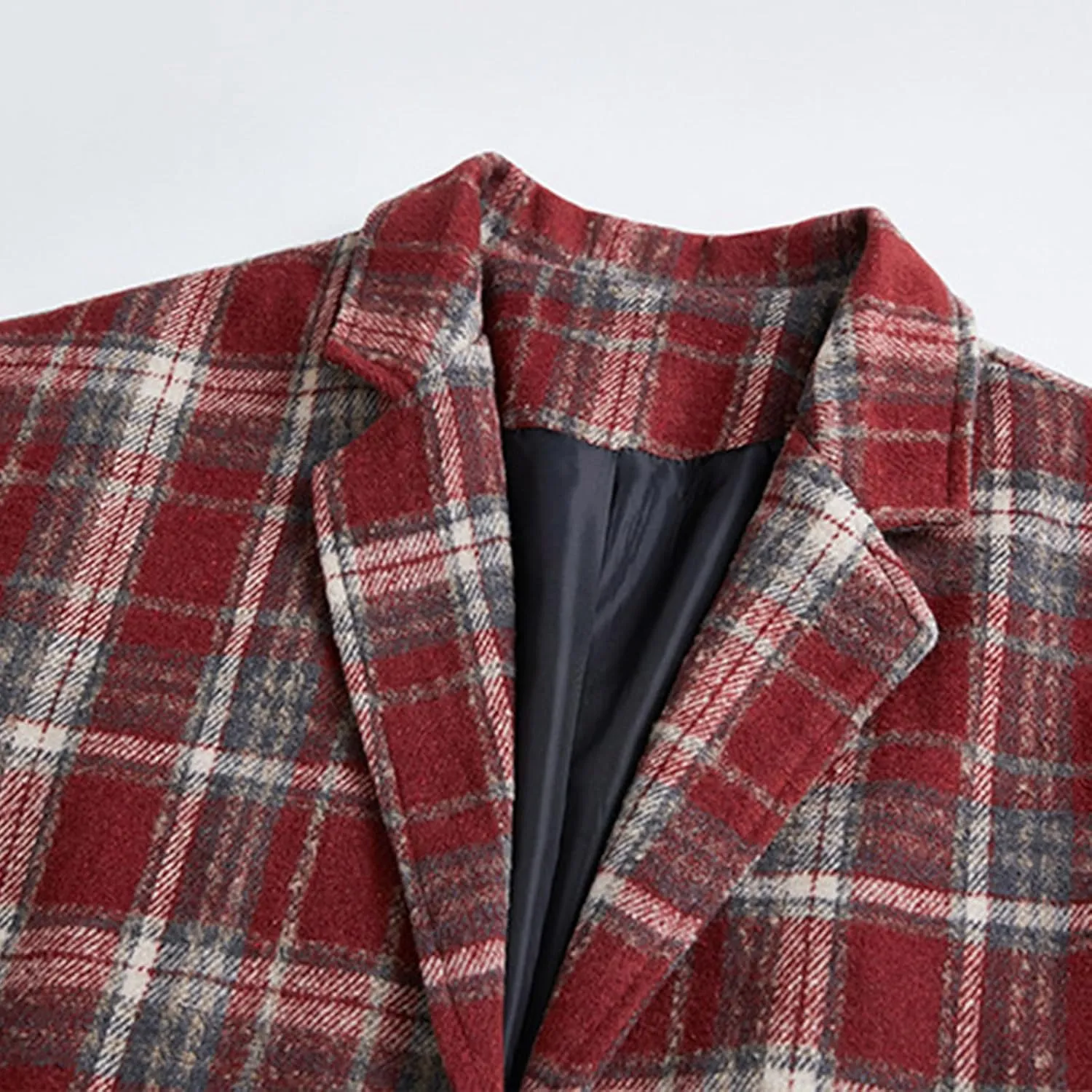 Mens Peacoat Jacket Fashion Plaid Wool Blend Pea Coat Winter Plus Size Lapel Single Overcoat Long Trench Coat