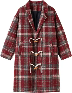 Mens Peacoat Jacket Fashion Plaid Wool Blend Pea Coat Winter Plus Size Lapel Single Overcoat Long Trench Coat