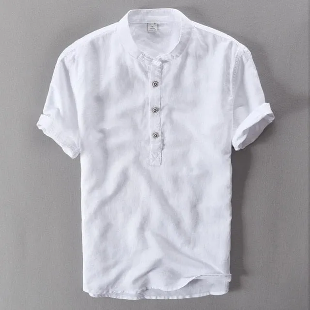 Mens Pullover Linen Shirts Short Sleeve