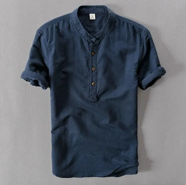 Mens Pullover Linen Shirts Short Sleeve