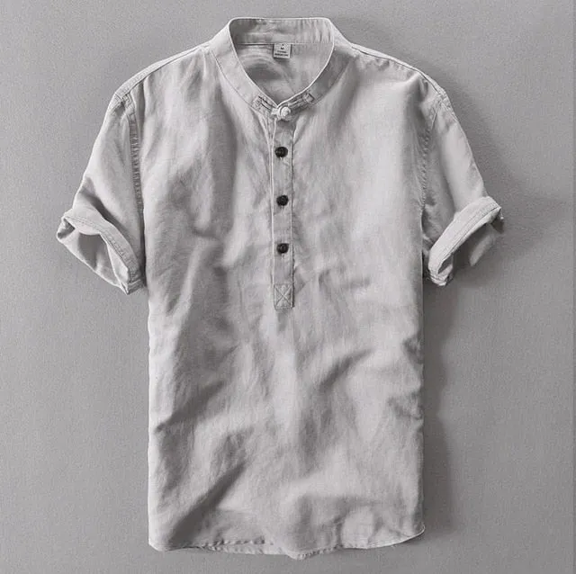 Mens Pullover Linen Shirts Short Sleeve