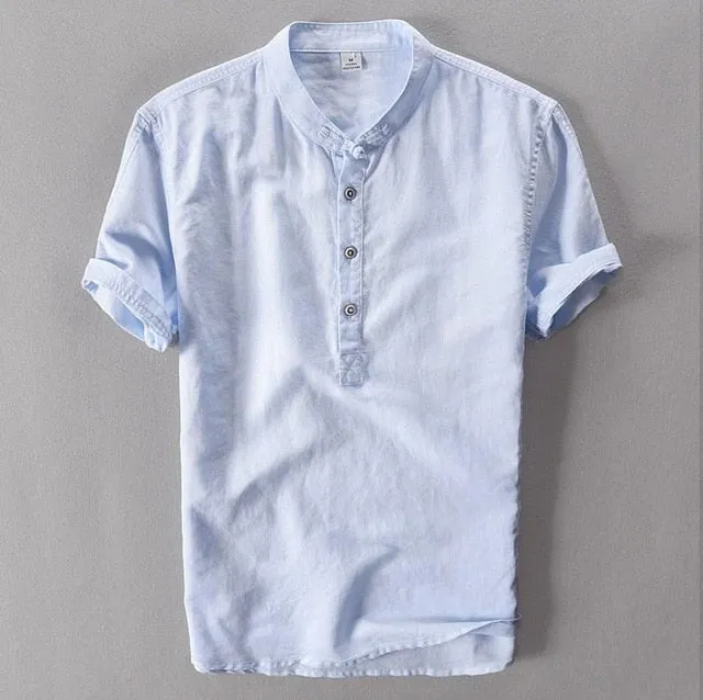 Mens Pullover Linen Shirts Short Sleeve