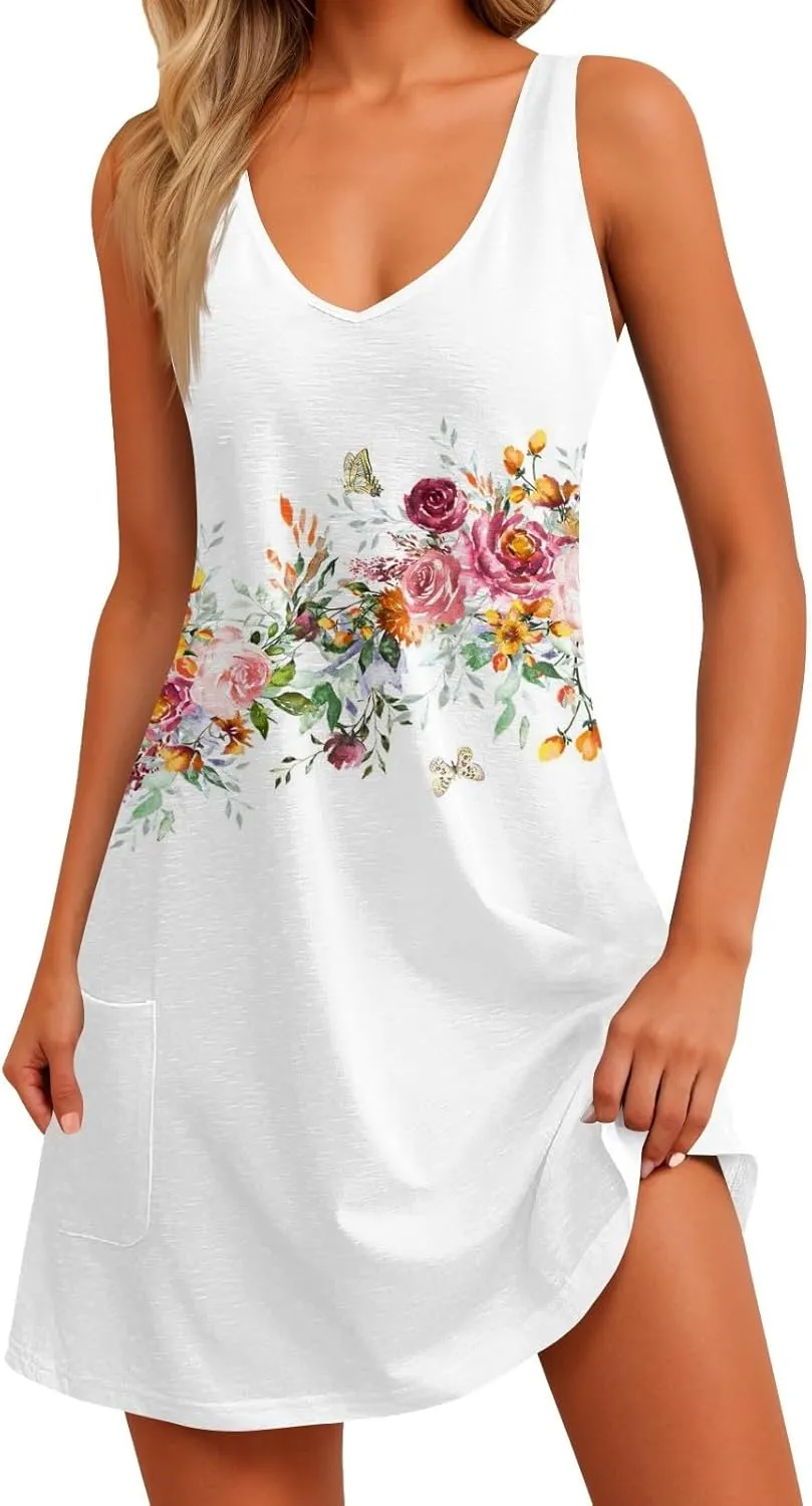 Mini Dresses for Women V Neck Floral Print Tank Dresses Sleeveless Sundresses Swing Beach Dress Beach Cover Ups