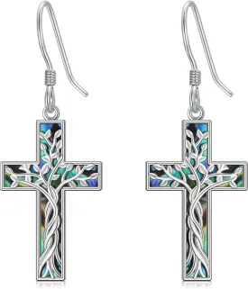 Mountain Mustard Seed Earrings for Women 925 Sterling Silver Abalone Shell Cross Dangle Drop Earring Christian Jewelry Outdoor Birthday Gifts