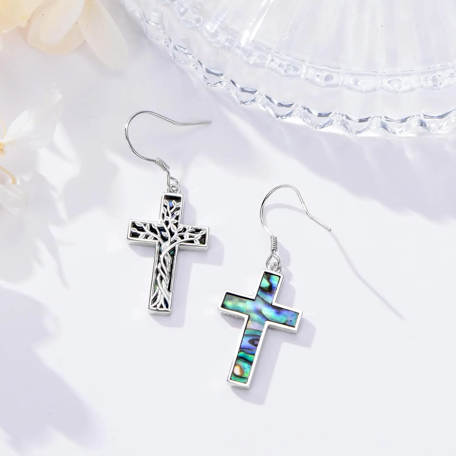 Mountain Mustard Seed Earrings for Women 925 Sterling Silver Abalone Shell Cross Dangle Drop Earring Christian Jewelry Outdoor Birthday Gifts