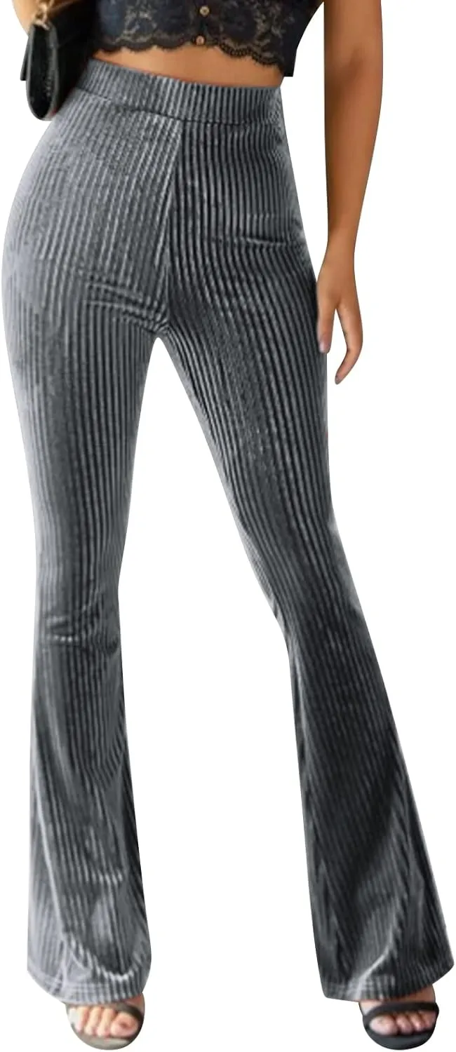 ODIZLI Women Velvet High Waisted Wide Leg Palazzo Flare Pants Solid Long Trousers