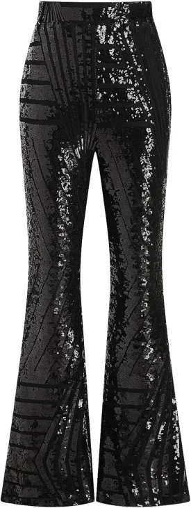 ODIZLI Womens Bell Bottom Sparkle Sequin Flare Pants Elastic High Waisted Bling Glitter Dance Pants