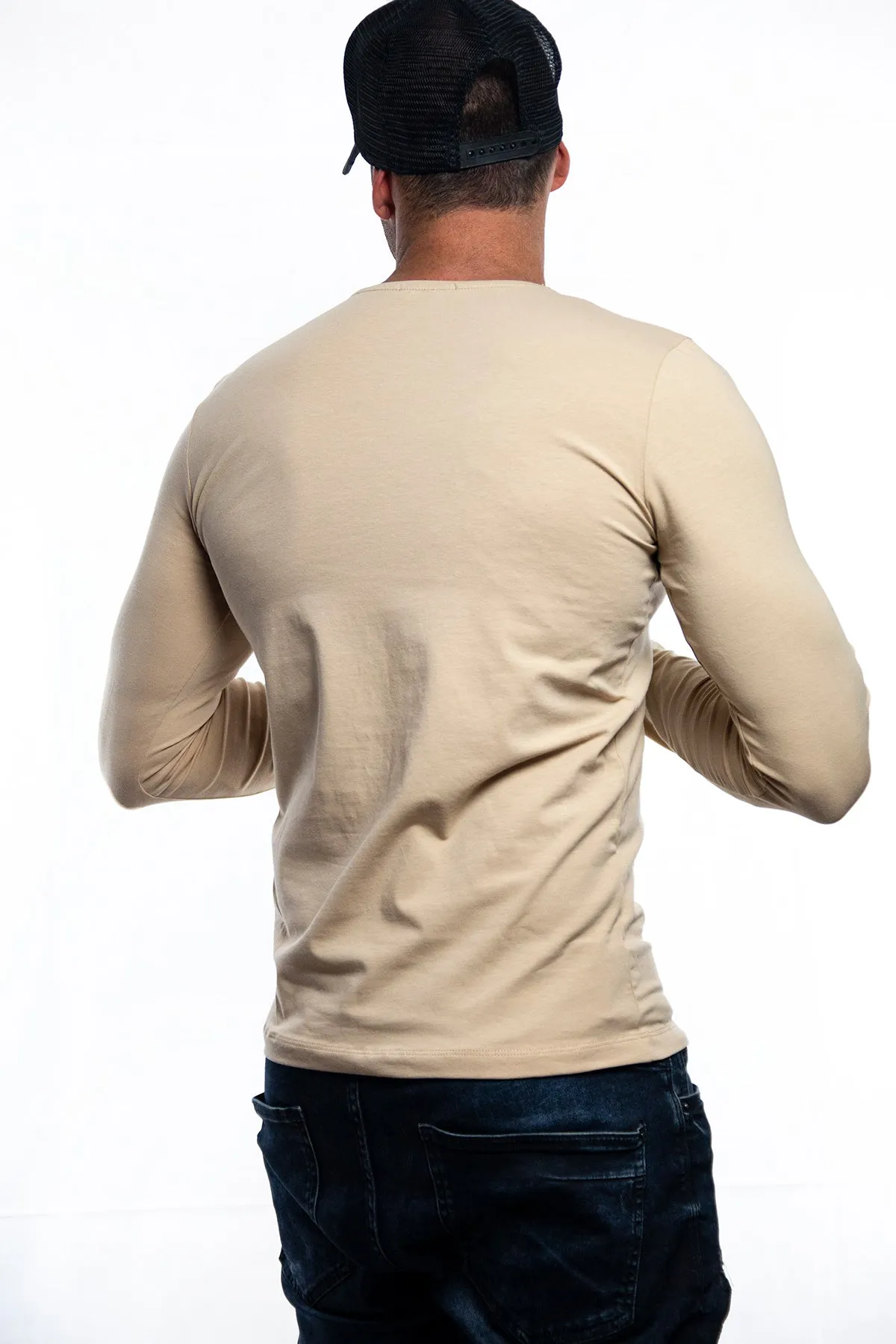 Plain Beige Crew Neck Long Sleeve T-shirt