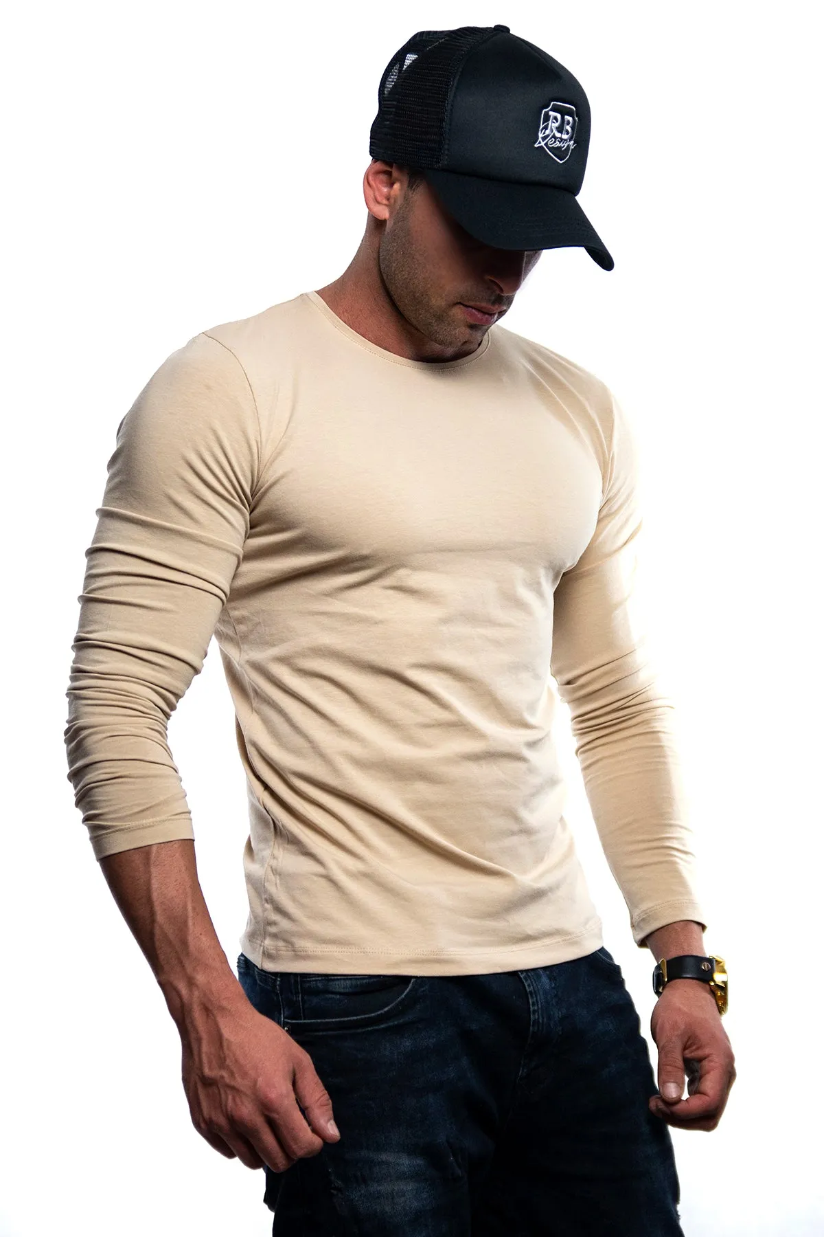 Plain Beige Crew Neck Long Sleeve T-shirt