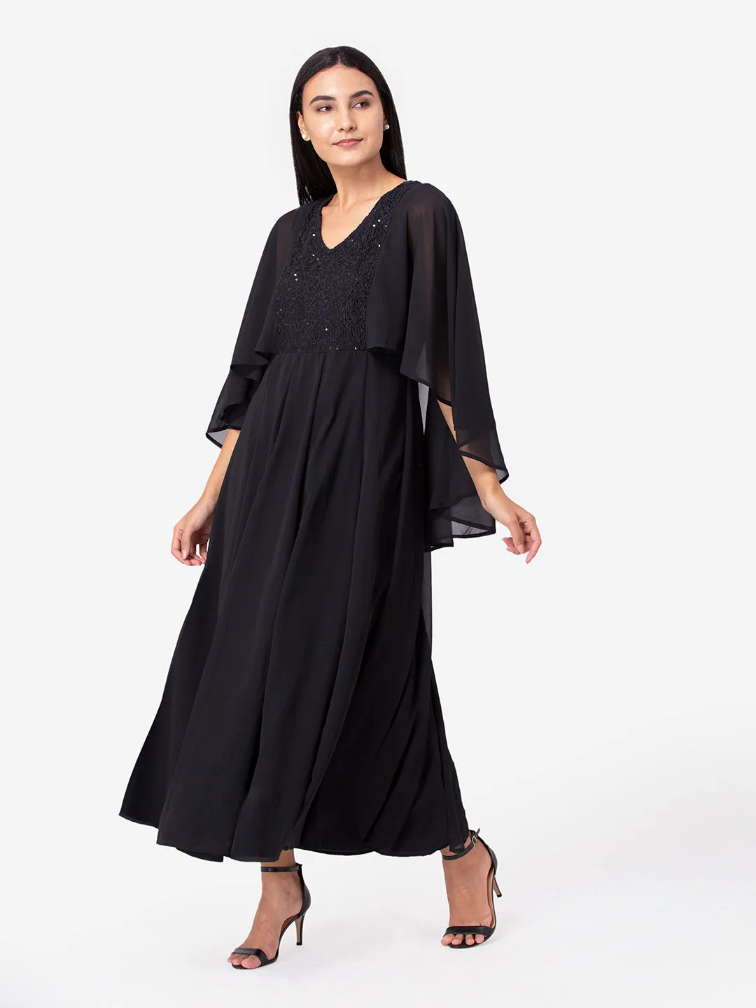 Porsorte Womens Partywear Black Maxi Dress