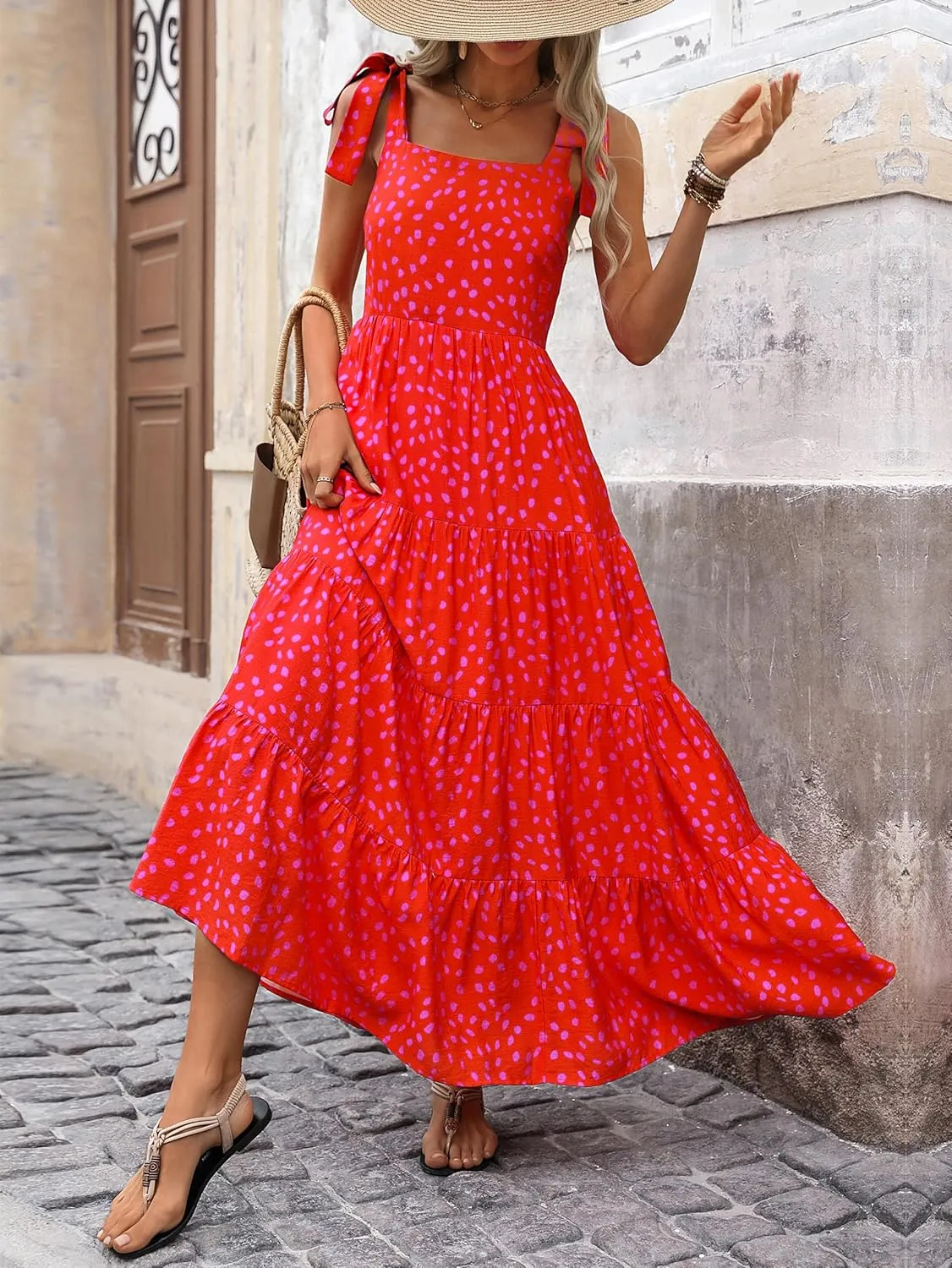 PRETTYGARDEN Women Dresses 2025 Summer Floral Sleeveless Maxi Dress Casual Spaghetti Strap Tiered Flowy Beach Long Dress