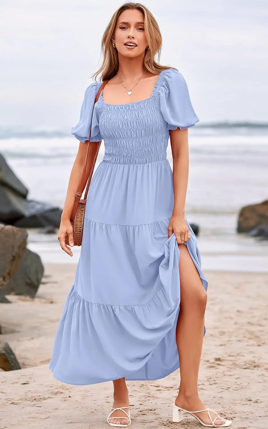PRETTYGARDEN Women's Boho Floral Print Summer Dresses Square Neck Puff Sleeve A Line Long Dress Smocked Casual Maxi Dress
