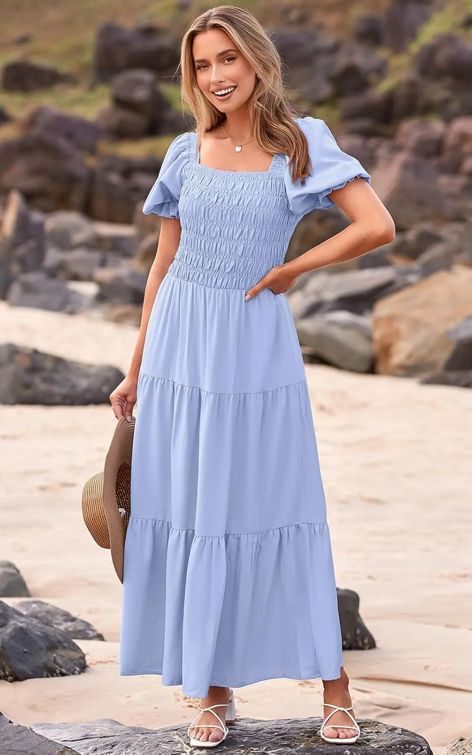 PRETTYGARDEN Women's Boho Floral Print Summer Dresses Square Neck Puff Sleeve A Line Long Dress Smocked Casual Maxi Dress