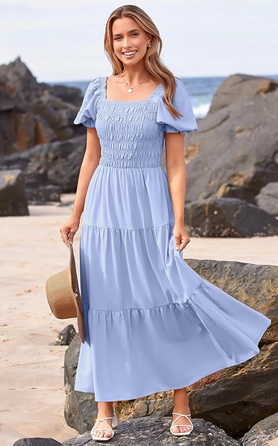 PRETTYGARDEN Women's Boho Floral Print Summer Dresses Square Neck Puff Sleeve A Line Long Dress Smocked Casual Maxi Dress