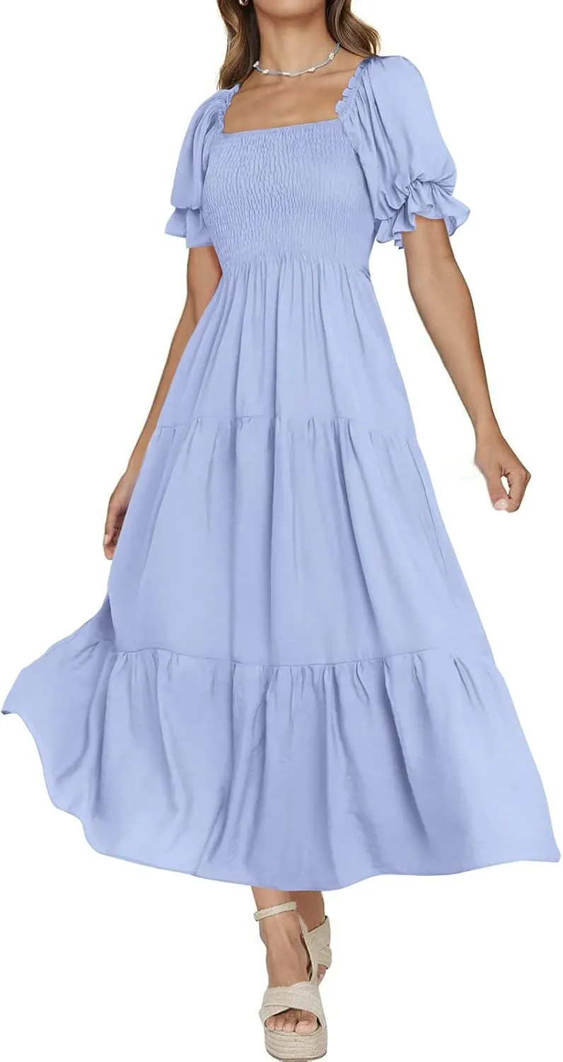 PRETTYGARDEN Women's Boho Floral Print Summer Dresses Square Neck Puff Sleeve A Line Long Dress Smocked Casual Maxi Dress
