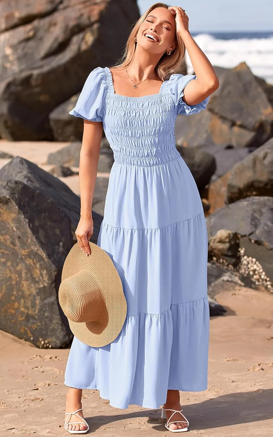 PRETTYGARDEN Women's Boho Floral Print Summer Dresses Square Neck Puff Sleeve A Line Long Dress Smocked Casual Maxi Dress