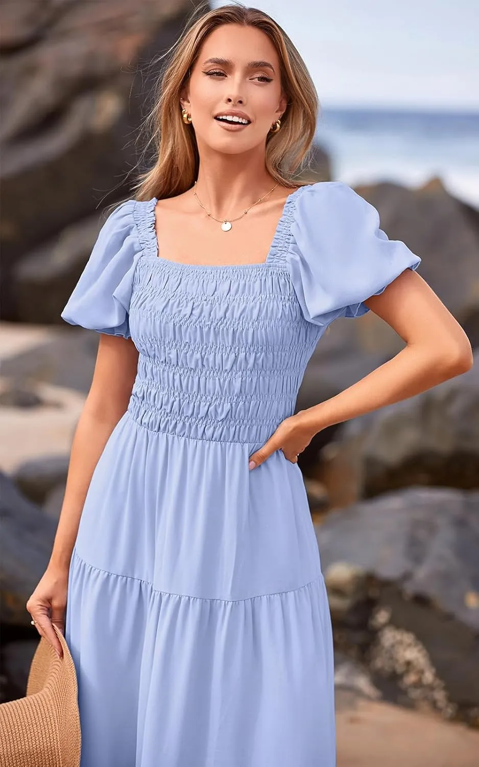 PRETTYGARDEN Women's Boho Floral Print Summer Dresses Square Neck Puff Sleeve A Line Long Dress Smocked Casual Maxi Dress
