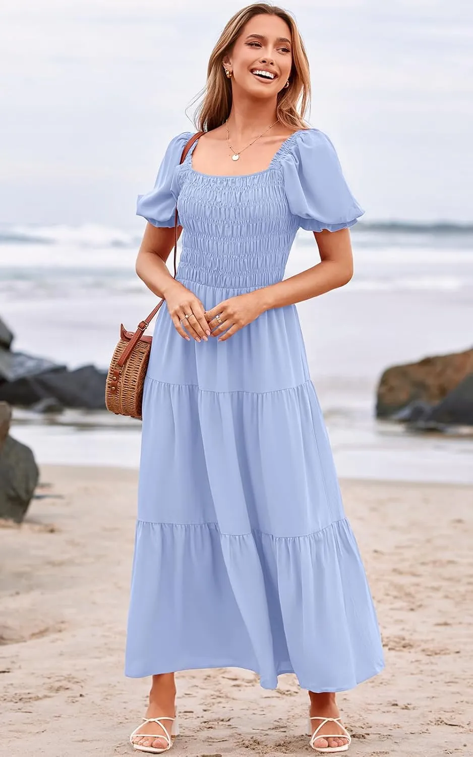 PRETTYGARDEN Women's Boho Floral Print Summer Dresses Square Neck Puff Sleeve A Line Long Dress Smocked Casual Maxi Dress