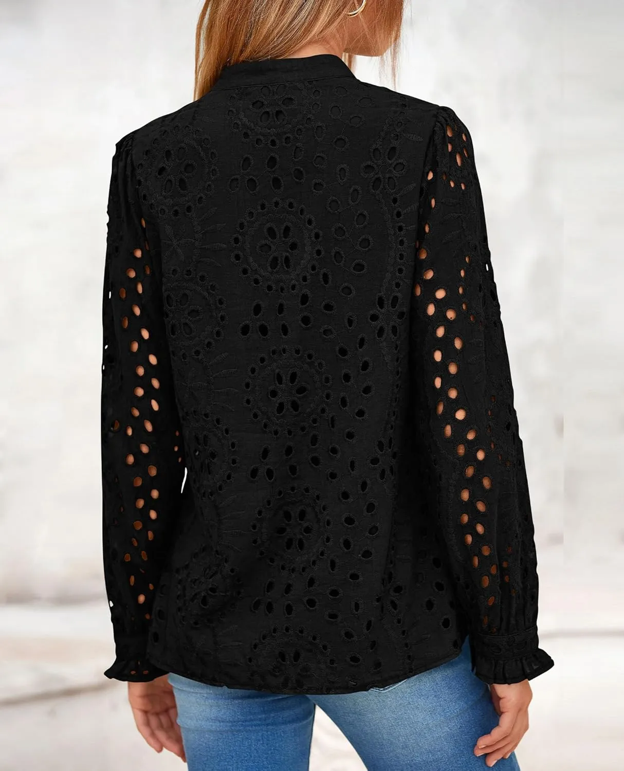PRETTYGARDEN Women's Eyelet Tops 2025 Spring Dressy Casual Blouses Lace Long Sleeve Button V Neck Shirts