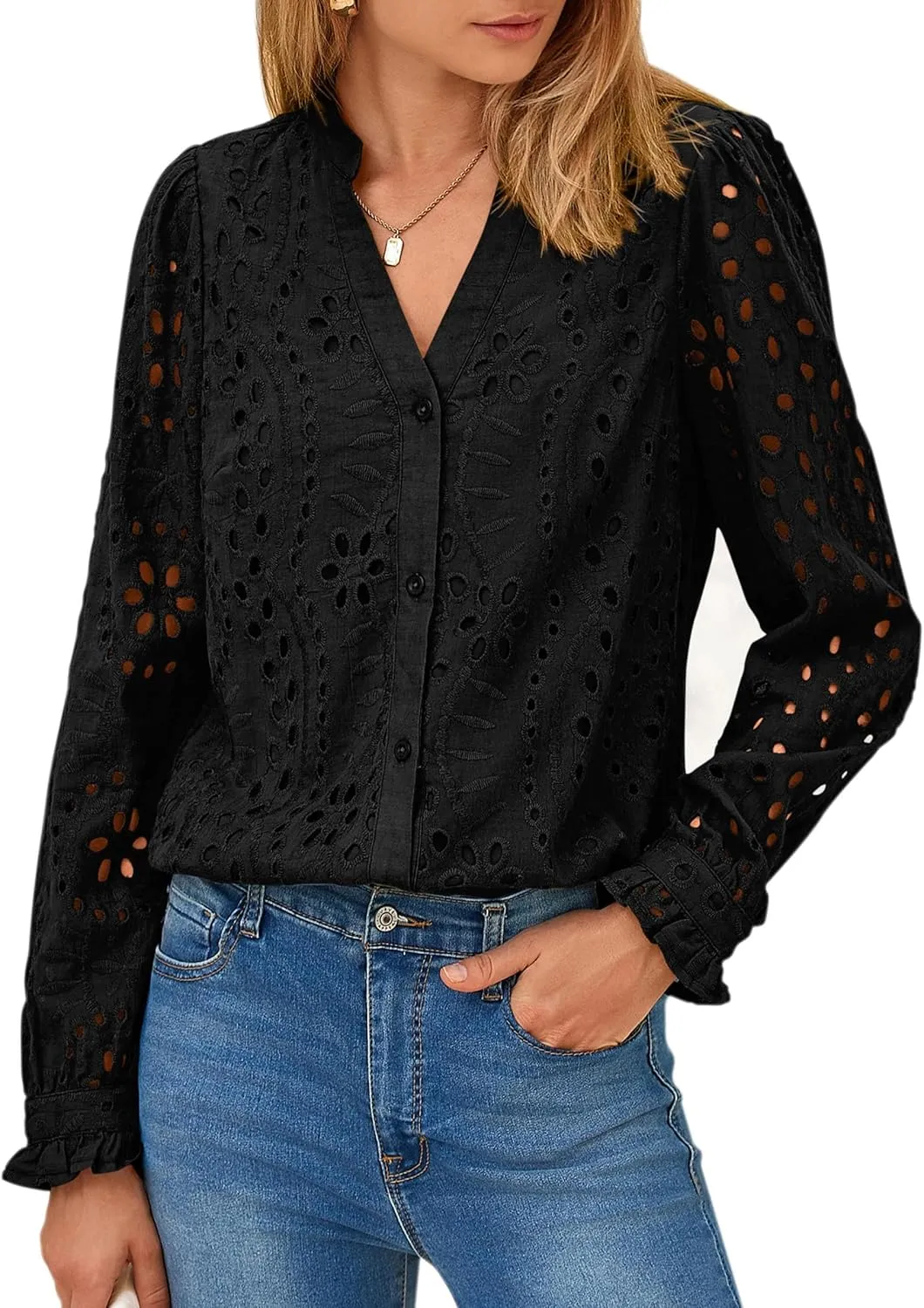 PRETTYGARDEN Women's Eyelet Tops 2025 Spring Dressy Casual Blouses Lace Long Sleeve Button V Neck Shirts