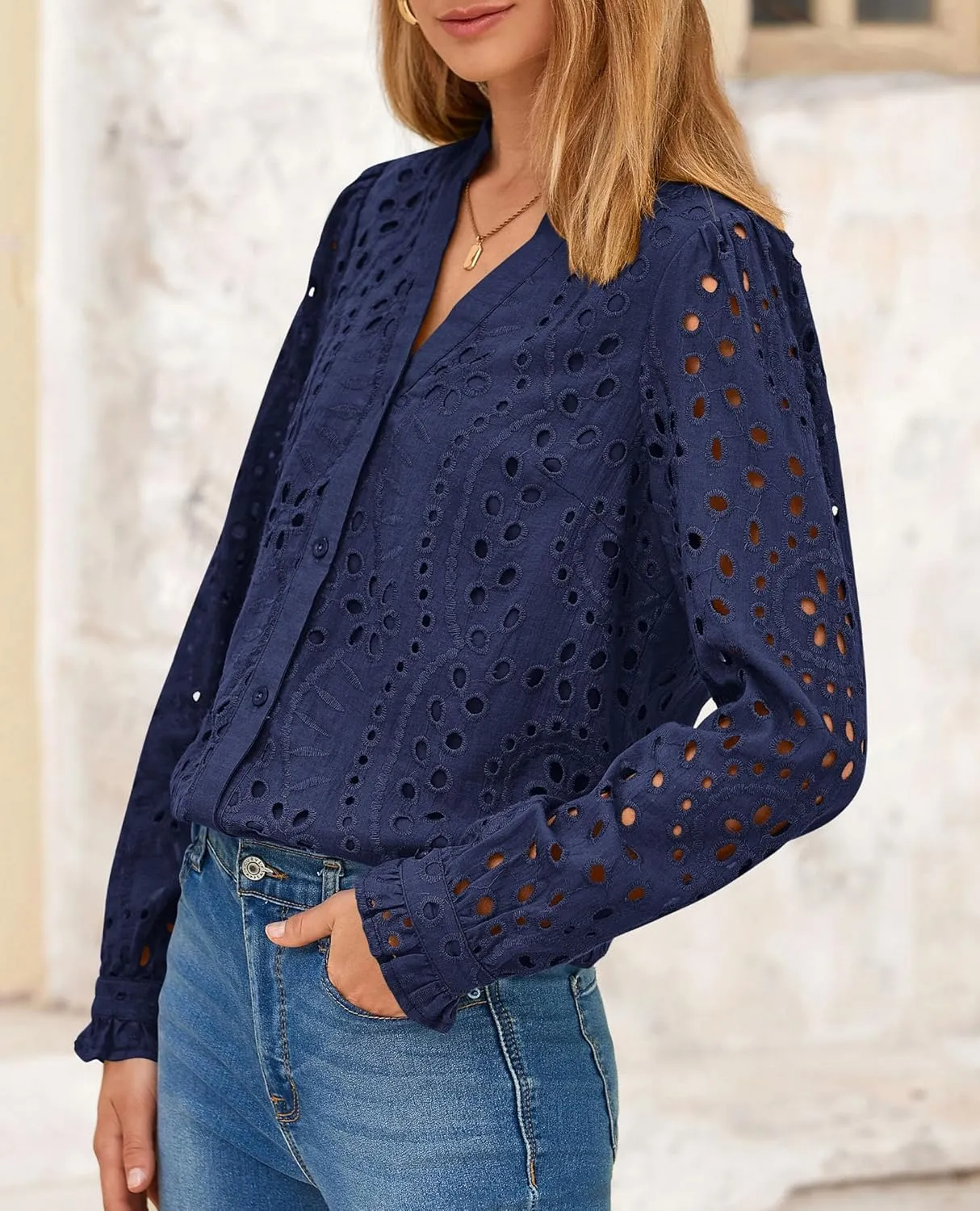 PRETTYGARDEN Women's Eyelet Tops 2025 Spring Dressy Casual Blouses Lace Long Sleeve Button V Neck Shirts
