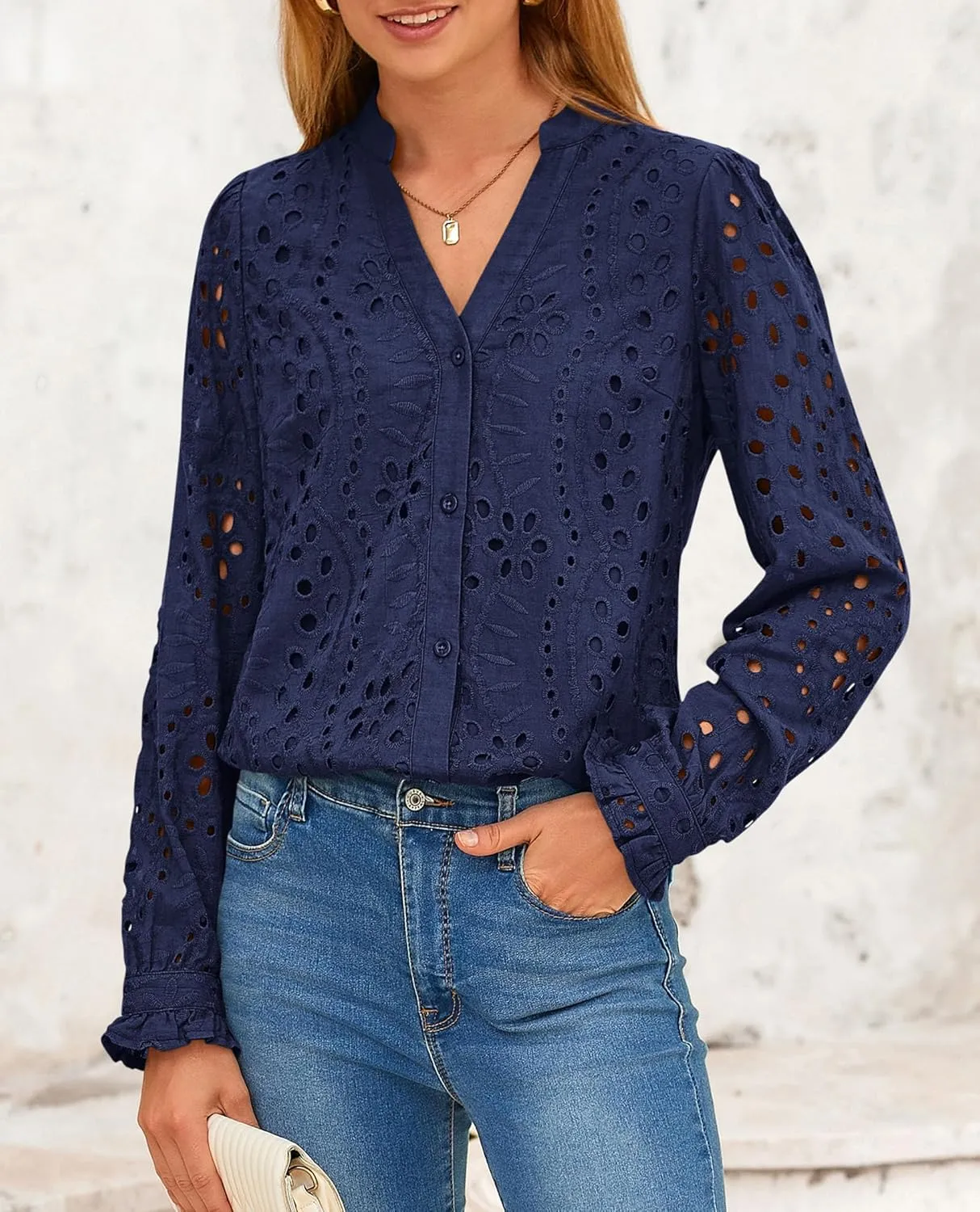 PRETTYGARDEN Women's Eyelet Tops 2025 Spring Dressy Casual Blouses Lace Long Sleeve Button V Neck Shirts