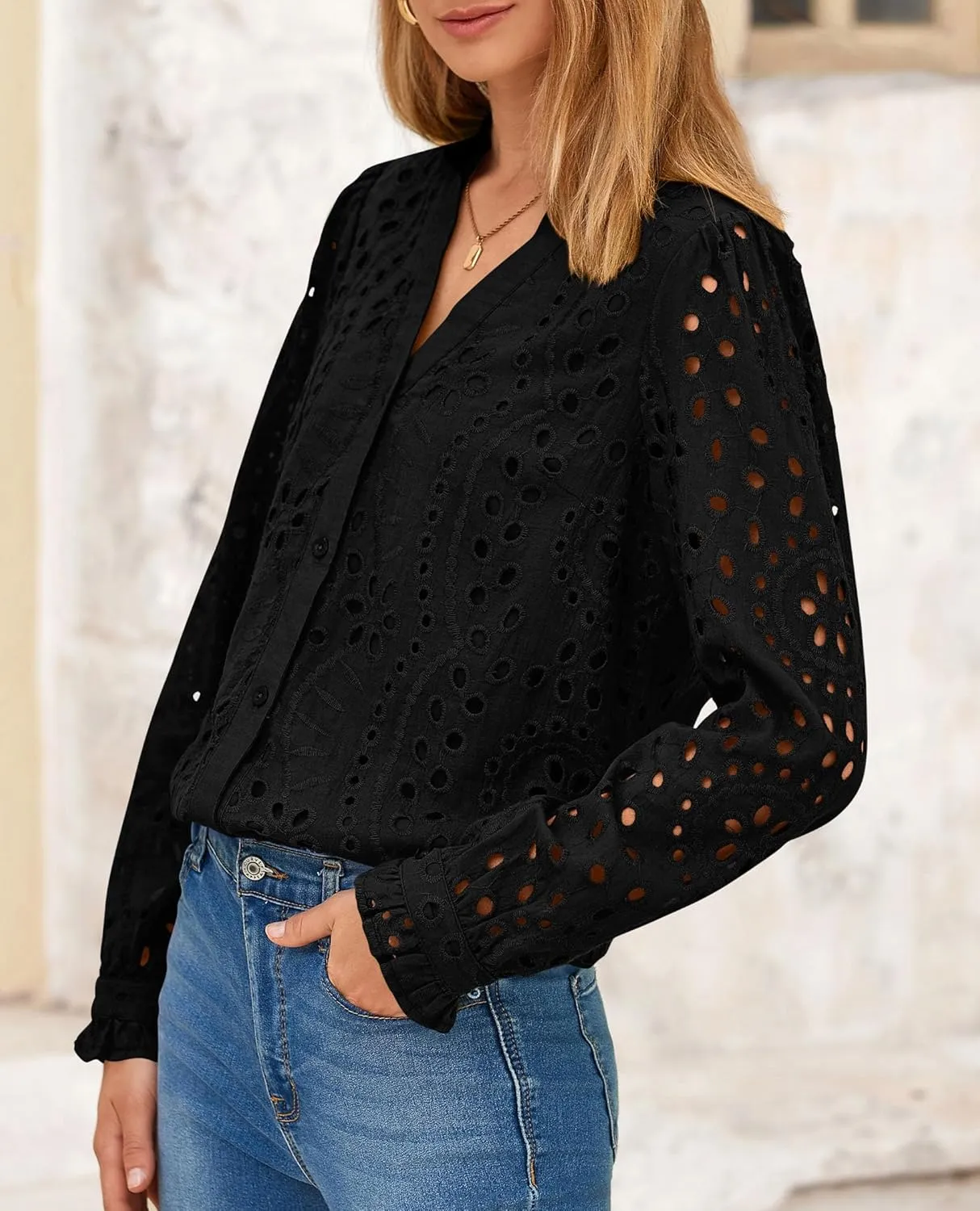 PRETTYGARDEN Women's Eyelet Tops 2025 Spring Dressy Casual Blouses Lace Long Sleeve Button V Neck Shirts