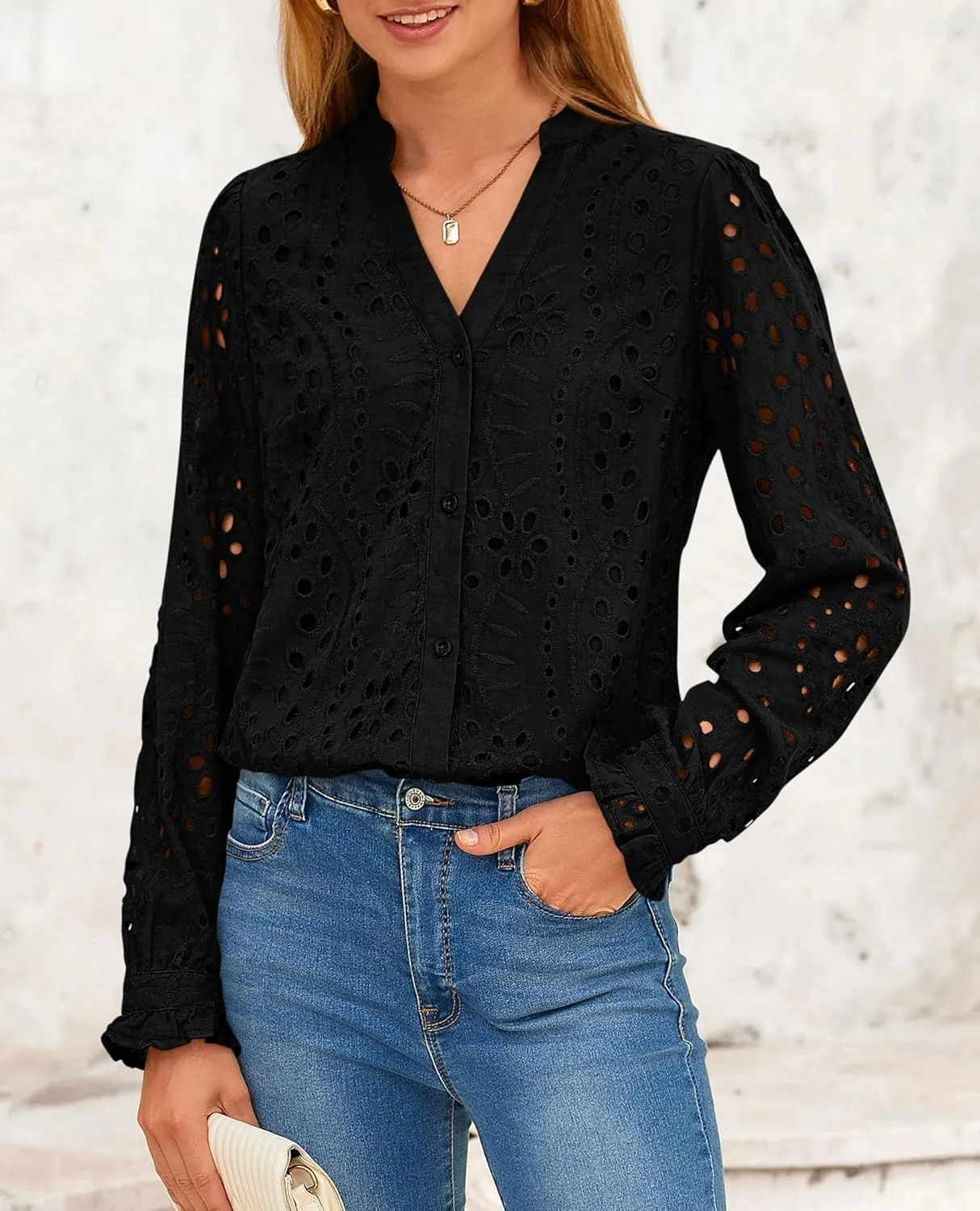 PRETTYGARDEN Women's Eyelet Tops 2025 Spring Dressy Casual Blouses Lace Long Sleeve Button V Neck Shirts