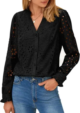 PRETTYGARDEN Women's Eyelet Tops 2025 Spring Dressy Casual Blouses Lace Long Sleeve Button V Neck Shirts