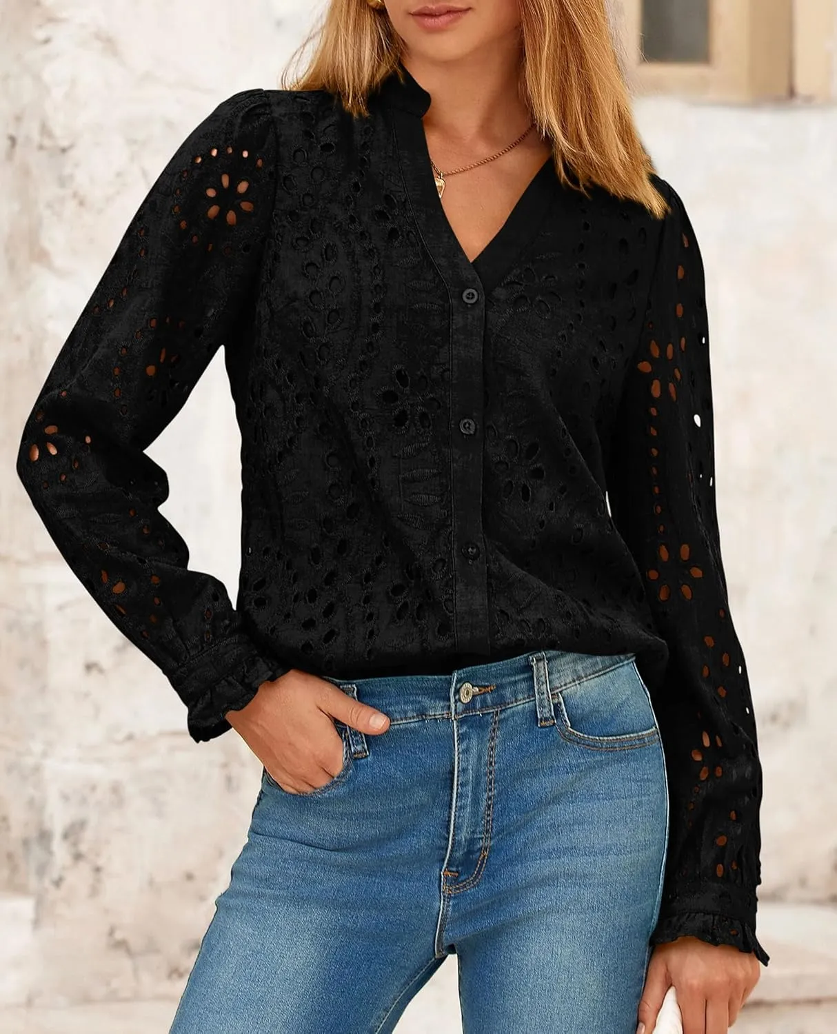 PRETTYGARDEN Women's Eyelet Tops 2025 Spring Dressy Casual Blouses Lace Long Sleeve Button V Neck Shirts