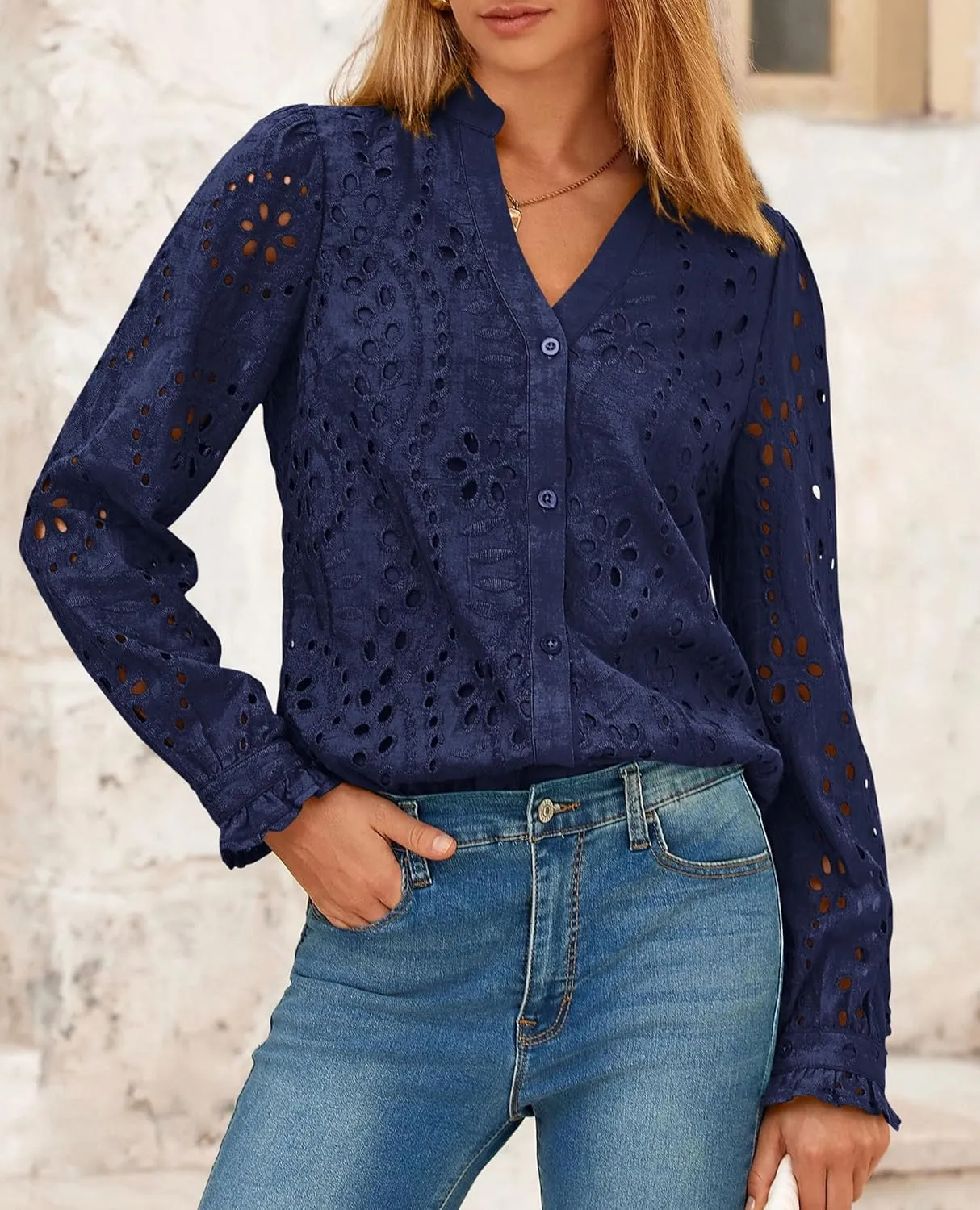 PRETTYGARDEN Women's Eyelet Tops 2025 Spring Dressy Casual Blouses Lace Long Sleeve Button V Neck Shirts