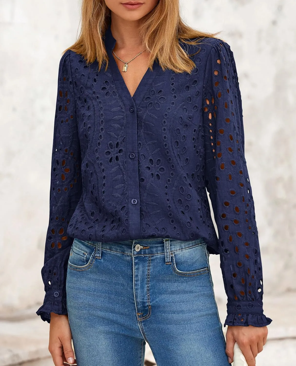 PRETTYGARDEN Women's Eyelet Tops 2025 Spring Dressy Casual Blouses Lace Long Sleeve Button V Neck Shirts
