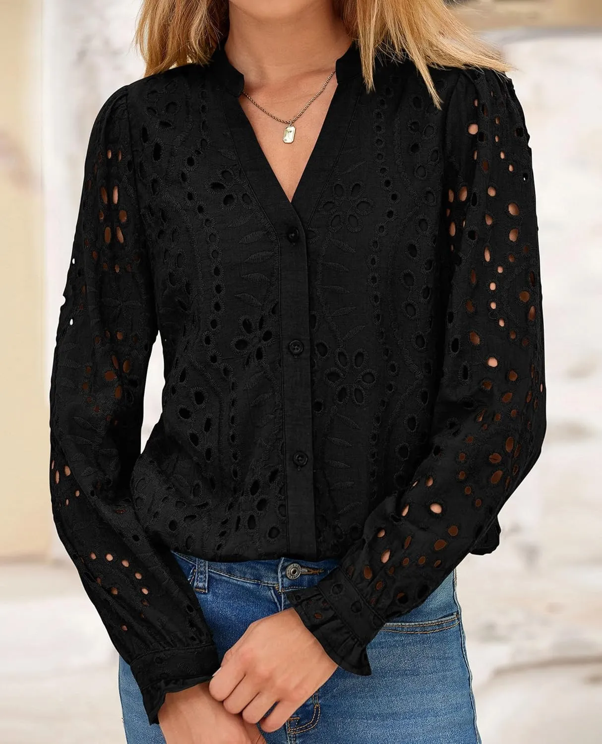PRETTYGARDEN Women's Eyelet Tops 2025 Spring Dressy Casual Blouses Lace Long Sleeve Button V Neck Shirts