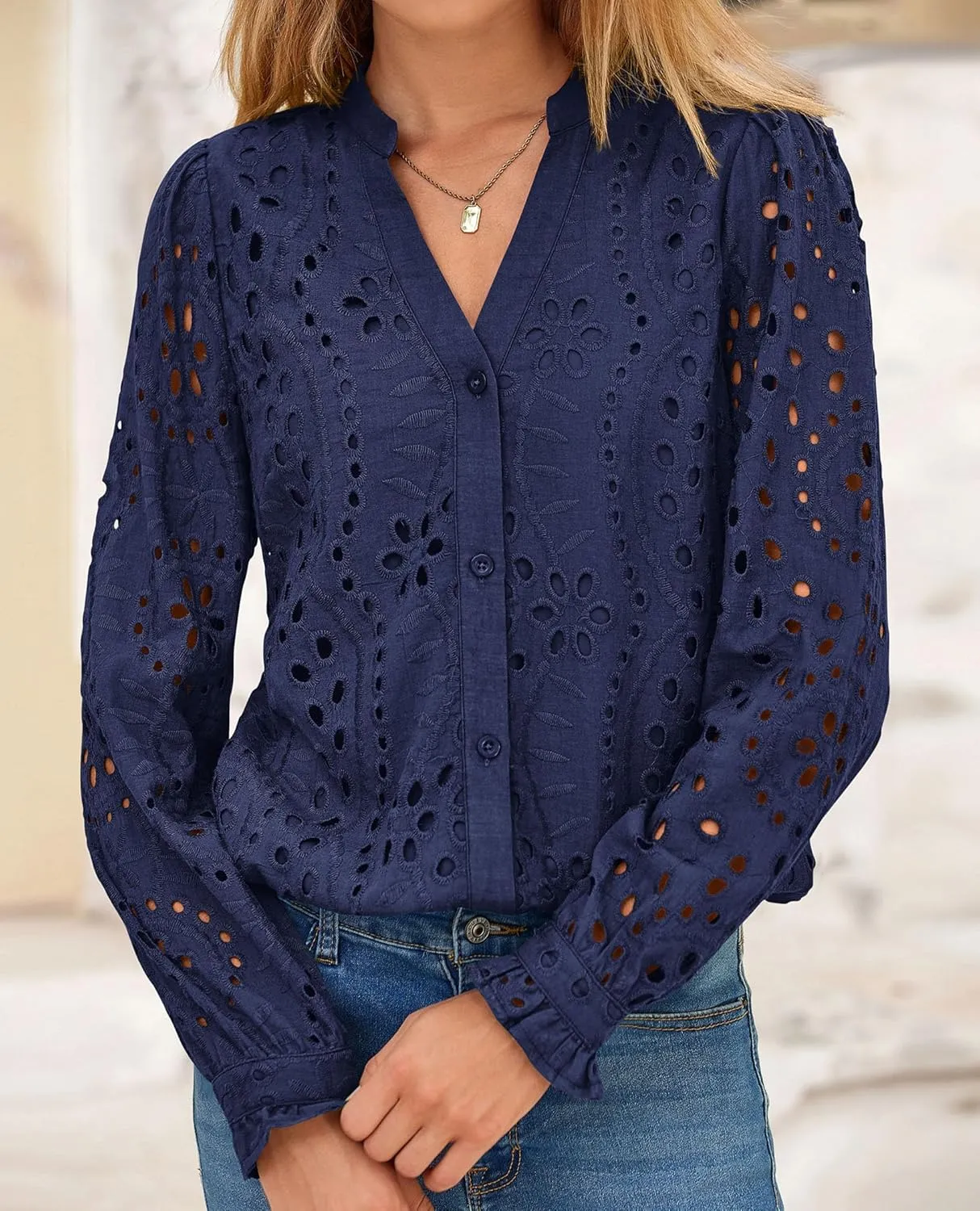 PRETTYGARDEN Women's Eyelet Tops 2025 Spring Dressy Casual Blouses Lace Long Sleeve Button V Neck Shirts