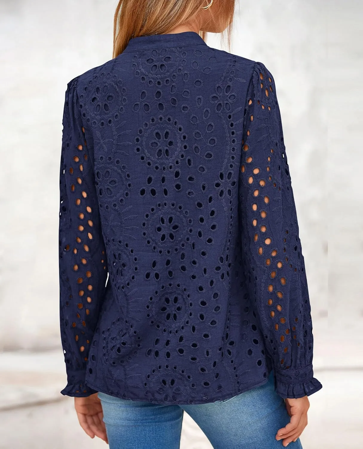 PRETTYGARDEN Women's Eyelet Tops 2025 Spring Dressy Casual Blouses Lace Long Sleeve Button V Neck Shirts