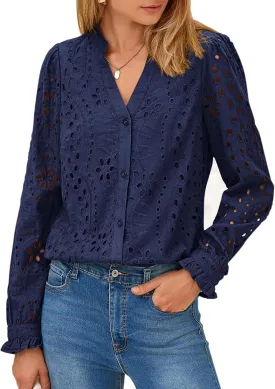 PRETTYGARDEN Women's Eyelet Tops 2025 Spring Dressy Casual Blouses Lace Long Sleeve Button V Neck Shirts