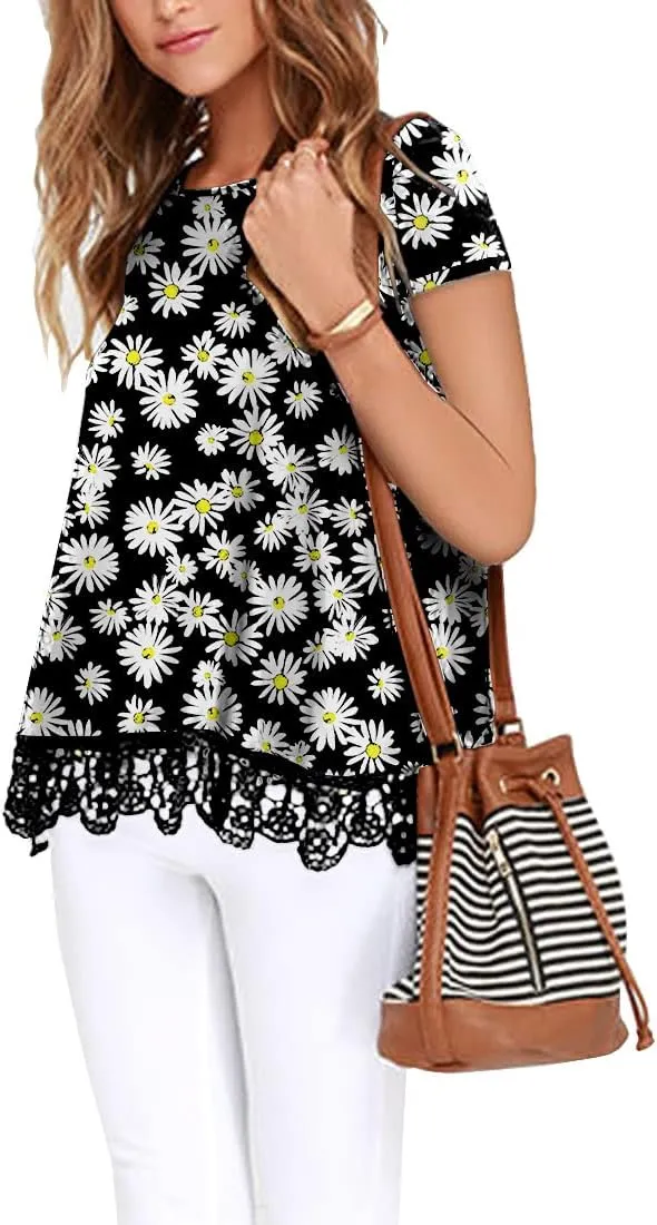 QIXING Women Tops Lace Trim O Neck A Line Tunic Blouse
