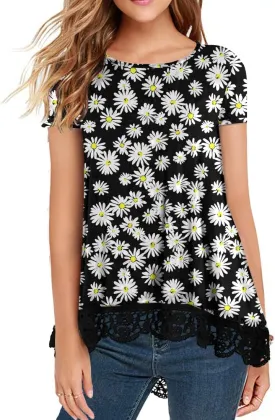 QIXING Women Tops Lace Trim O Neck A Line Tunic Blouse