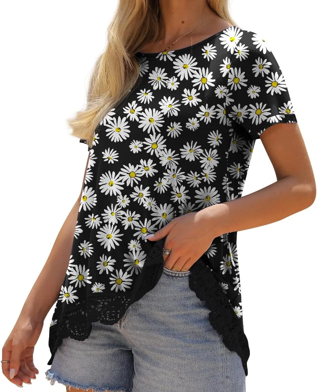QIXING Women Tops Lace Trim O Neck A Line Tunic Blouse