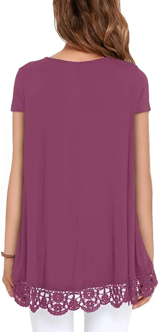 QIXING Women Tops Lace Trim O Neck A Line Tunic Blouse